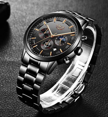 Military Black Steel Watch – Men's Stainless Steel Wristwatch with Day, Date & Night Display