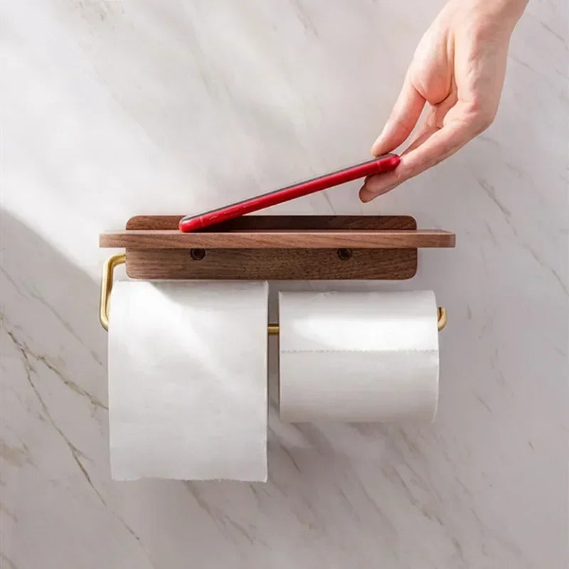 Wallnoot – Luxury Walnut Wood Toilet Roll Holder with Gold Wall Mount | Modern Bathroom Accessory