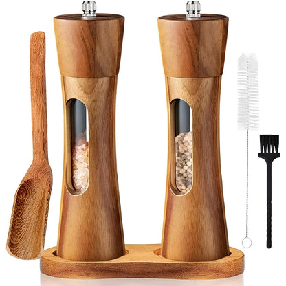 SpiceCraft Manual Salt and Pepper Mill Set – Wooden Design with Acrylic Window Adjustable Grind Levels