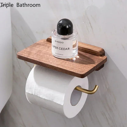 Wallnoot – Luxury Walnut Wood Toilet Roll Holder with Gold Wall Mount | Modern Bathroom Accessory