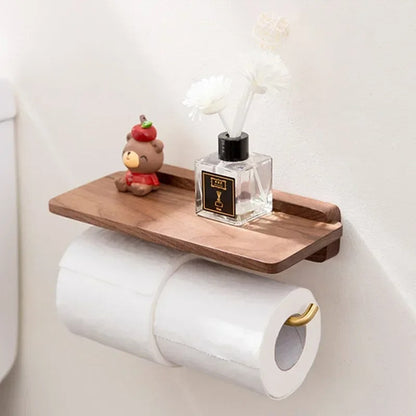 Wallnoot – Luxury Walnut Wood Toilet Roll Holder with Gold Wall Mount | Modern Bathroom Accessory