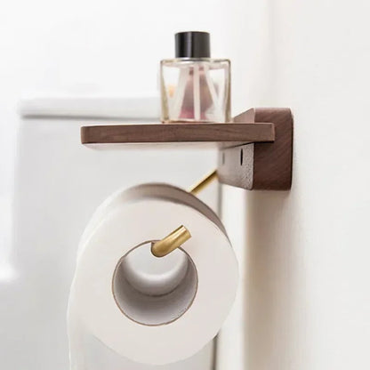 Wallnoot – Luxury Walnut Wood Toilet Roll Holder with Gold Wall Mount | Modern Bathroom Accessory