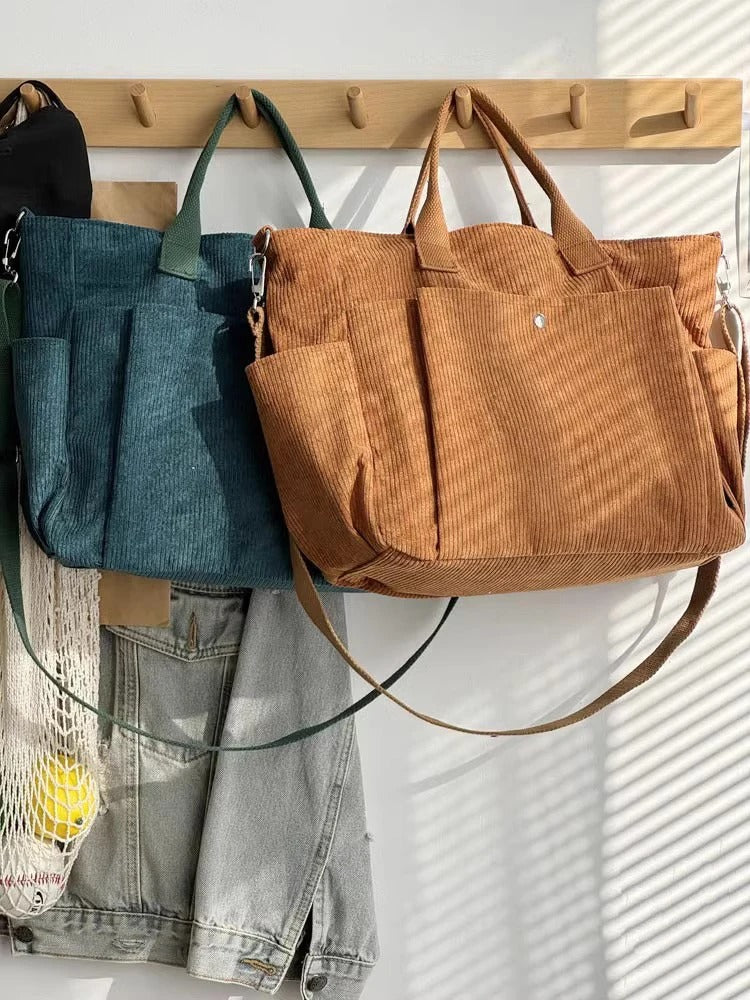 Cream Corduroy Shoulder Bag with Adjustable Strap