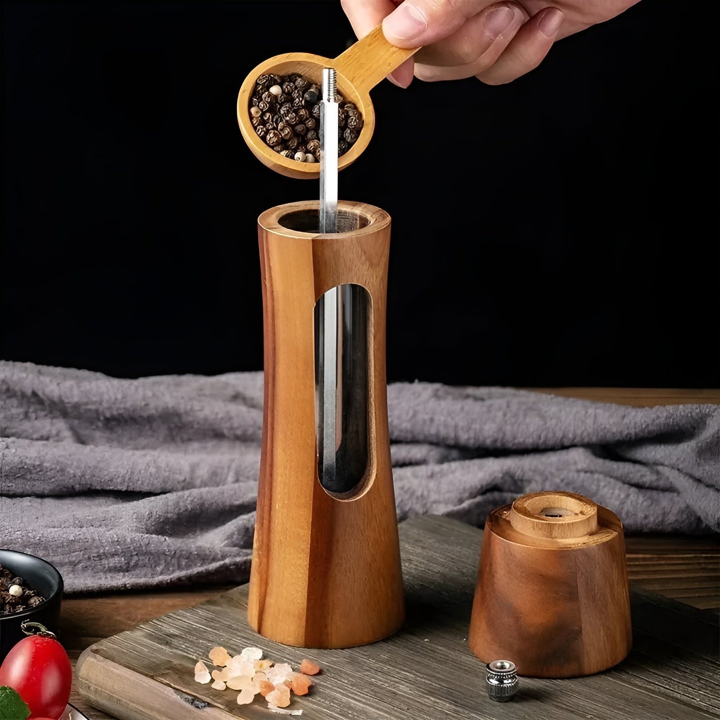 SpiceCraft Manual Salt and Pepper Mill Set – Wooden Design with Acrylic Window Adjustable Grind Levels