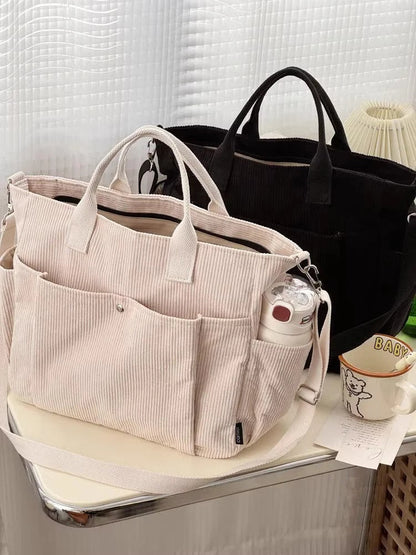 Cream Corduroy Shoulder Bag with Adjustable Strap