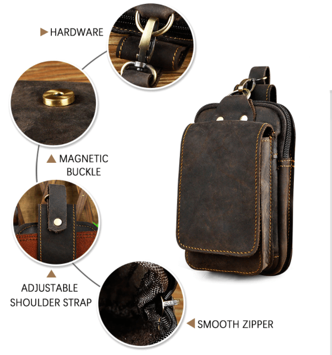 Men’s Genuine Leather Waist Bag – Anti-Radiation Travel Belt Pouch with Magnetic Closure
