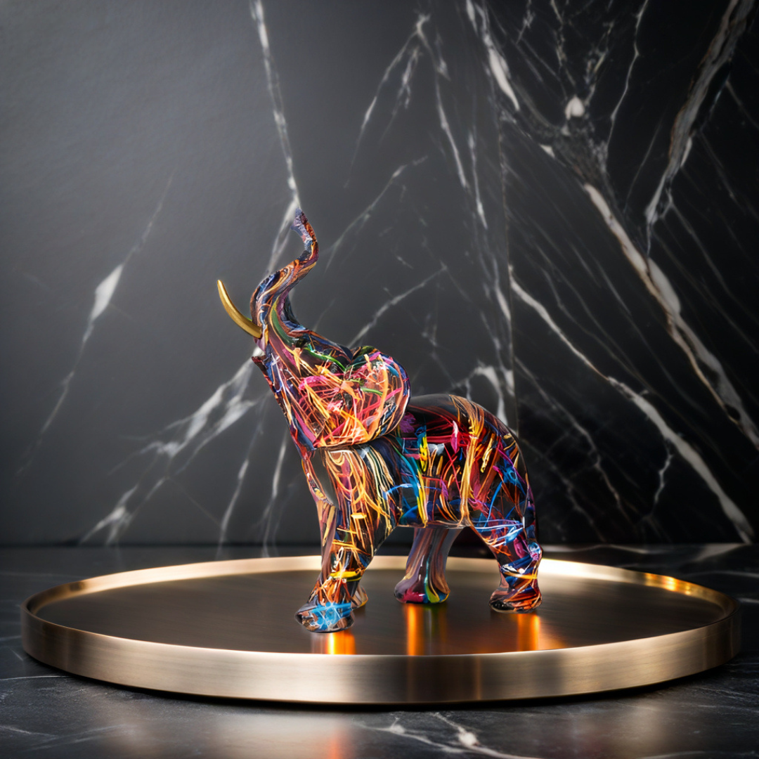 Abstract Elephant Statue – Colourful African Design with Raised Trunk for Good Luck