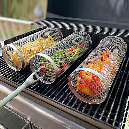 Stainless Steel Rolling BBQ Grill Basket – Rotating Design for Perfectly Grilled Food