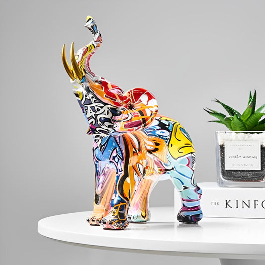 Abstract Elephant Statue – Colourful African Design with Raised Trunk for Good Luck