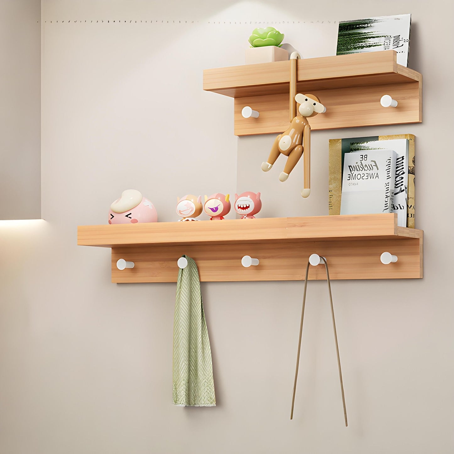 Smash Wall Shelf with Hooks – Multifunctional Wooden Storage Rack for Any Room