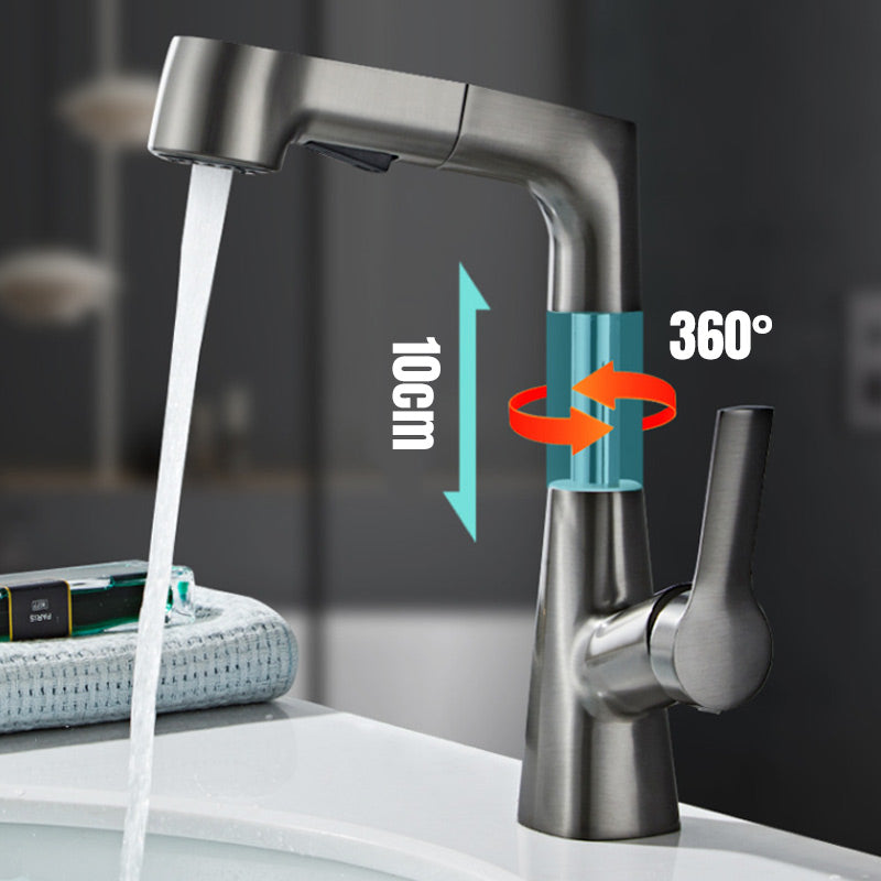 Modern Bathroom Basin Tap with Pull-Out Spray Head – 360° Swivel & Dual-Mode Water Flow