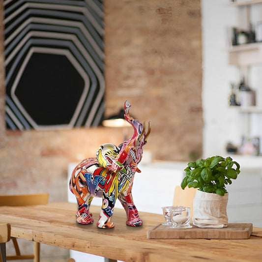 Abstract Elephant Statue – Colourful African Design with Raised Trunk for Good Luck