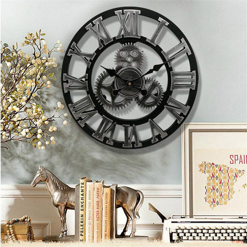 Retro Industrial Wall Clock – Decorative Wooden Gear Design for Home & Office