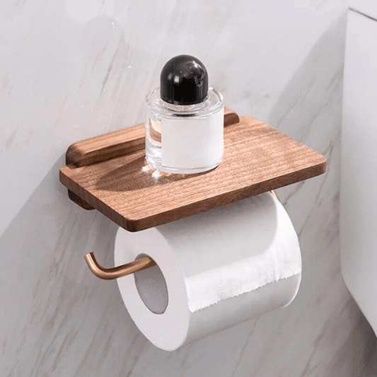 Wallnoot – Luxury Walnut Wood Toilet Roll Holder with Gold Wall Mount | Modern Bathroom Accessory