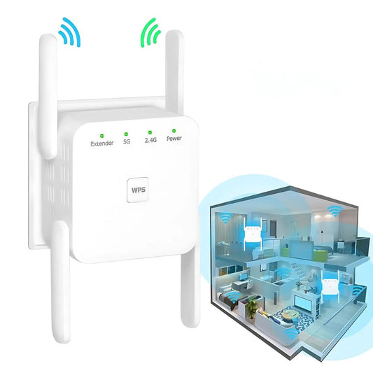 SignalBoost Dual-Band WiFi Repeater – 1200Mbps Range Extender with 4 High-Gain Antennas